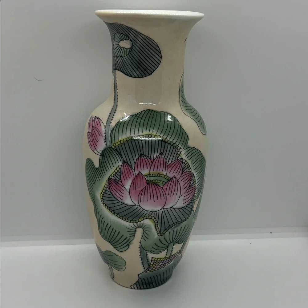 Floral Ceramic Vase with Lotus Design Vintage Handpainted Chinese Porcelain